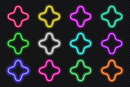 Neon round scallop border frames set. Glowing coloful flower button. Geometric shape action UI elements with copy space. Purple, blue, pink, yellow, green, red color text box. Vector illustration.のイラスト素材