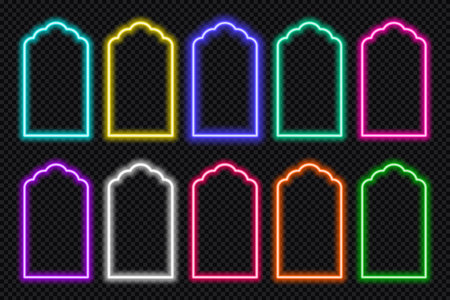 Neon shape Islamic door and window silhouette Glowing arabic arch. Collection of light portal in oriental style. Frames in Arabic Muslim design for Ramadan Kareem. Vector mosque gate shape.のイラスト素材