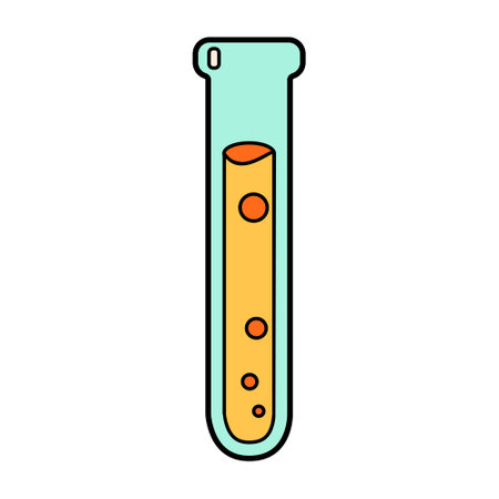 Science school chemical flask icon. Chemistry and biology education laboratory cartoon test tube. Bold bright lab equipment. Vector illustration isolated on white.のイラスト素材