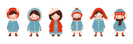 Kids in winter clothes - hat, scarf, coat in Scandinavian simple retro style. Vintage cartoon clipart for Christmas card, poster, flyer, print and pattern. Vector illustration on white background.のイラスト素材