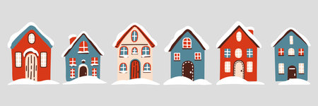 Winter houses set in Scandinavian simple retro style. Vintage hand drawn cartoon clipart for Christmas decoration, card, poster, flyer, print and pattern. Vector illustration.のイラスト素材