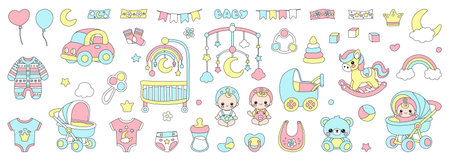 Baby care icon set for newborn girls and boys. Cartoon nursery pastel collection with toys, rocking horse, cradle and clothes for kindergarten. Vector illustration isolated on white background.のイラスト素材
