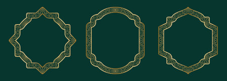 Gold geometric ornamental frame, square shapes Islamic window with girikh pattern, silhouette Arabic rhombus. Luxury set in oriental style. Frames in Arabic Muslim design vector illustrationのイラスト素材