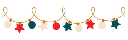 Christmas lights garland with colored star and bulbs. Xmas festive string decoration with hanging retro ball. Glowing string with lamps for holiday cards, banners, posters, web. Vector illustration.のイラスト素材