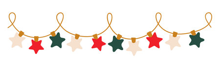 Christmas lights garland with colored star bulbs. Xmas festive string decoration with hanging retro ball. Glowing string with lamps for holiday cards, banners, posters, web. Vector illustration.のイラスト素材