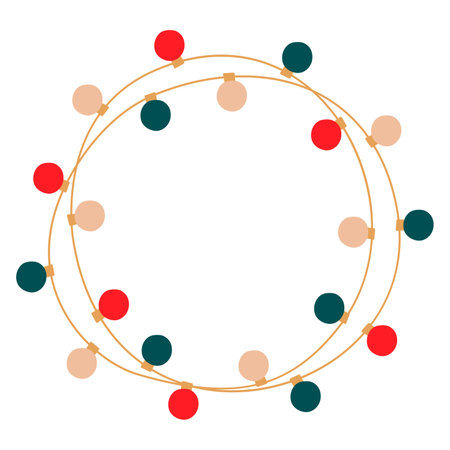 Christmas lights garland round tangled circle colored bulbs. Glowing Xmas festive string decoration with hanging retro lamps lightbulb for holiday cards, banners, posters, web. Vector illustrationのイラスト素材