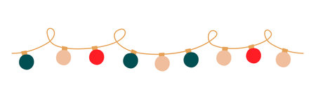 Christmas lights garland with colored circle bulbs. Xmas festive looped string decoration with hanging retro lightbulb. Glowing lamps for holiday cards, banners, posters, web. Vector illustration.のイラスト素材