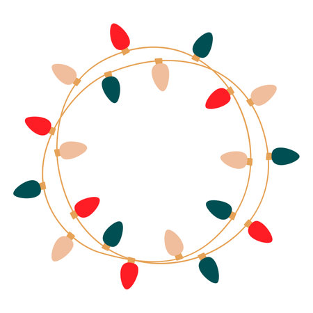 Christmas lights garland round tangled with colored bulbs. Glowing Xmas festive string decoration with hanging retro lamps lightbulb for holiday cards, banners, posters, web. Vector illustrationのイラスト素材