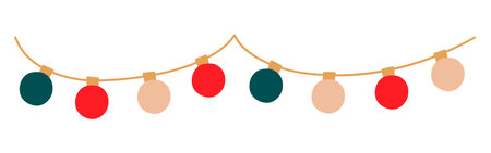 Christmas lights sectioned garland circle colored bulbs. Xmas festive string decoration with hanging retro lightbulb. Glowing lamps for holiday cards, banners, posters, web. Vector illustration.のイラスト素材