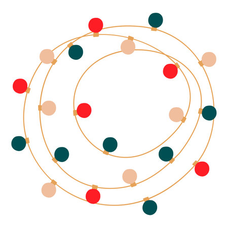 Christmas lights garland round tangled circle colored bulbs. Glowing Xmas festive string decoration with hanging retro lightbulb lamps for holiday cards, banners, posters, web. Vector illustrationのイラスト素材