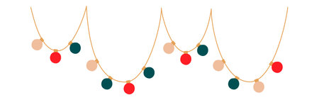 Christmas lights big sectioned garland with colored circle bulbs. Xmas festive string decoration with hanging retro lightbulb. Glowing lamps for holiday cards, banners, posters. Vector illustration.のイラスト素材