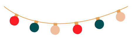 Christmas lights garland with colored circle bulbs. Xmas festive string decoration with hanging retro lightbulb. Glowing string with lamps for holiday cards, banners, posters, web. Vector illustration.のイラスト素材