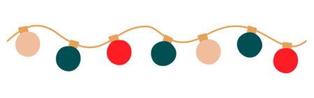 Christmas lights wavy garland with colored circle bulbs. Xmas festive string decoration with hanging retro lightbulb. Glowing lamps for holiday cards, banners, posters, web. Vector illustration.のイラスト素材