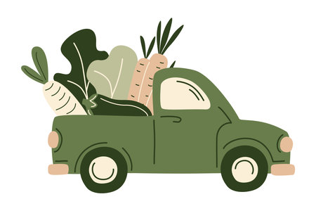 Retro farm pickup truck filled fresh grocery products from supermarket or farmer market. Organic fresh vegetables in the car for eco-friendly design of food delivery, Vector illustration in flat style.のイラスト素材