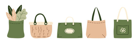 Paper shopping bags filled grocery products from supermarket or farmer market. Vegetables, greens and zero-waste textile packaging for eco-friendly design. Vector illustration in organic flat style.のイラスト素材