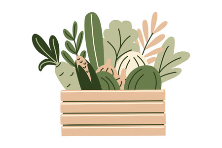 Wooden crate filled fresh grocery products from supermarket or farmer market. Vegetables, greens in zero-waste packaging for eco-friendly design. Vector illustration in organic flat style.のイラスト素材