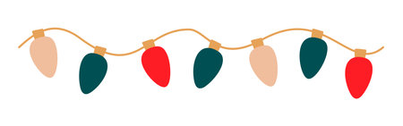 Christmas lights wavy garland with colored ellipse bulbs. Xmas festive string decoration with hanging retro lightbulb. Glowing lamps for holiday cards, banners, posters, web. Vector illustration.のイラスト素材