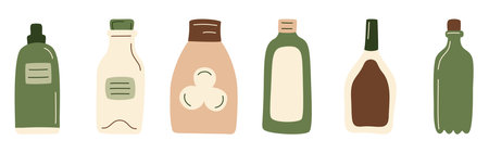 Abstract bottles products set. Drinks, juice in package, oil, milk, sauce from supermarket or farmer market in zero-waste packaging for eco-friendly design. Vector illustration in organic flat style.のイラスト素材