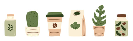 Canned food, cup of coffee, paper bag, plant and cactus in a row. Meal preserved in a glass jar from supermarket or farmer market for eco-friendly design. Vector illustration in organic flat style.のイラスト素材