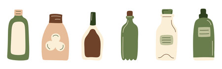 Abstract bottles products set, drinks, milk, juice in package, oil, sauce from supermarket or farmer market in zero-waste packaging for eco-friendly design. Vector illustration in organic flat style.のイラスト素材