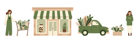 Organic food market, girl with shopping cart, eco grocery store, farm fresh vegetables, sustainable local produce, zero waste, green delivery truck, healthy lifestyle, Hand-drawn vector illustration.のイラスト素材