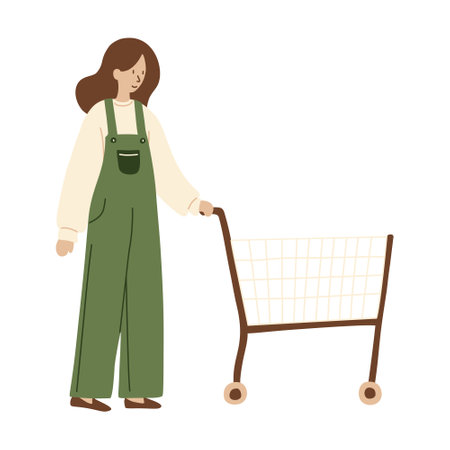 Woman pushing an empty shopping cart, wearing green overalls and a cream sweater. The character has long brown hair, eco-conscious shopping experience. Minimalist flat-style vector illustration.のイラスト素材