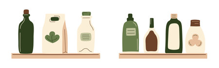 Bottles products set, drinks, milk, juice in package, oil, sauce, paper bag on shelf in a row from supermarket. Zero-waste packaging for eco-friendly design. Vector illustration in organic flat style.のイラスト素材