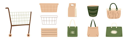 Shopping cart, grocery basket, reusable eco bag, paper bag, wooden crate, hand-drawn market containers, retail packaging design, sustainable shopping icons, zero waste store supplies. Vector illustrationのイラスト素材