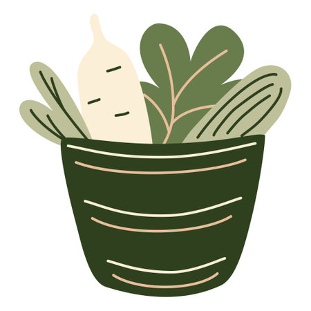 Wicker picnic basket, eco-friendly shopping box filled with grocery products from a supermarket or farmer market, eco reusable grocery package, sustainable accessory. Vector illustration in flat style.のイラスト素材