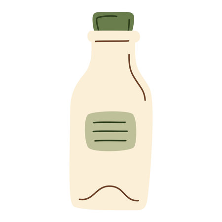 Glass bottle with green cap, organic product packaging, eco-friendly container, reusable milk jar, sustainable food storage, minimalist design, hand-drawn element, vector illustration, modern flat style.のイラスト素材