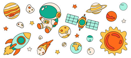Space rocket and planet with astronaut and spaceship for science or education. Galaxy cute hand drawn icon set with sun, moon and satellite. Vector illustration perfect for kids design.のイラスト素材