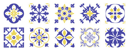 Set of Mediterranean tile and ornament patterns. Yellow blue Italian glazed pottery. Spanish or Portuguese brush painted ceramic ornament. Vector hand drawn Mediterranean classic floral decor.のイラスト素材