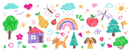 Crayon chalk kindergarten element set by hand drawn for children design. Cute kid color pencil dog, cat, flower, heart, star, cloud and house. Childish summer vector illustration for sticker, icon.のイラスト素材