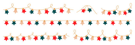 Christmas red, green lights garland with colored star bulbs. Xmas festive string decoration with hanging retro led lamp. Glowing string with lamps for holiday cards, banners, posters, web. Vector.のイラスト素材