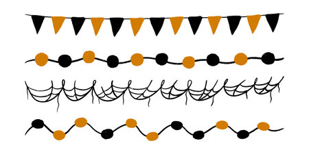 Halloween web bunting and cobweb pennant banner for party holiday decor. Black rope chain with simple hand drawn lines. Autumn fairground garland for spooky card design. Isolated vector illustrationのイラスト素材