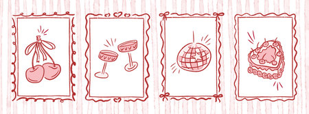 Hand drawn bachelorette whimsical coquette frame. Heart cake and bow ribbon cherry, disco ball or martini glass for wedding, birthday party and Valentines day poster. Trendy doodle vector illustrationのイラスト素材