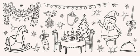Hand drawn Christmas dinner party doodle. Festive table with champagne, decorated tree, Santa, garlands and holiday treats. Vintage outline ink sketch of New Year party. Crayon vector illustration.のイラスト素材