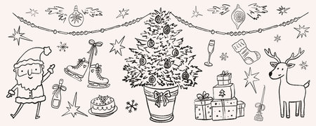 Vintage Christmas dinner party doodle of decorated tree, festive glass champagne, dancing Santa, beads garland and deer. Hand drawn outline ink sketch of New Year party gifts. Crayon vector illustration.のイラスト素材