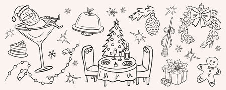 Christmas vintage dinner doodles. Holiday sketch Santa relaxing in martini. Festive table with champagne and tree decorated hanging garland. Crayon vector illustration of candle and gingerbread man.のイラスト素材