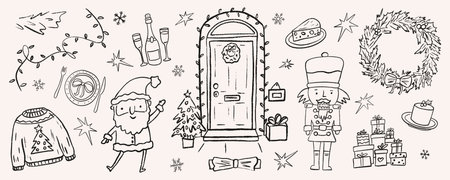 Christmas dinner party doodle sketch and doorway scene with Santa, nutcracker, gifts, and a decorated tree. Festive lights, wreaths, and treats create a warm holiday mood. Crayon vector illustrationのイラスト素材
