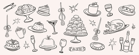 Cozy scene Christmas dinner party, food and wine are drawn as line sketch icon. Festive doodle of holiday dessert table with cakes, pastries, macaron tower, roast turkey, sparkling drinks and candles.のイラスト素材