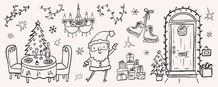 Festive Christmas doodle sketch with a decorated dinner party table, dancing Santa, hanging skates, and a front door framed in lights. Presents, trees, and garlands create a cozy holiday party mood.のイラスト素材