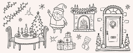 Festive Christmas dinner party doodle with a decorated table, fireplace, fun Santa and doorway framed in garland and trees. Presents and stocking add playful cozy holiday party mood. Vector sketchのイラスト素材