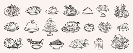 Hand drawn festive food set featuring holiday dish, dessert, roasted meat, pastry, cheese plate and traditional meals. Vintage crayon outline illustration perfect for Christmas dinner designs, menu.のイラスト素材