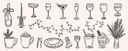 Christmas dinner party doodle set include festive drinks, cocktail, wine, champagne, glassware and holiday celebration tableware. Hand drawn vector collection with hot drink mugs and garlands.のイラスト素材