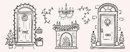 Christmas doodle home exterior and interior set with two decorated front porches and a cozy fireplace. Cute xmas wreaths, chandelier, garlands and potted trees. Vector holiday sketch perfect for cardのイラスト素材
