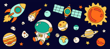 Space rocket, comet and planet with astronaut and spaceship for science or education. Galaxy cute hand drawn icon set with sun, moon and satellite. Vector illustration perfect for kids design.のイラスト素材