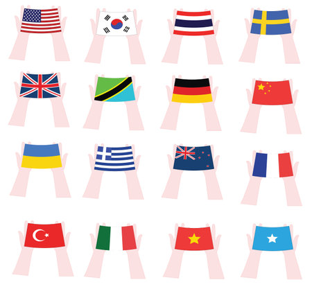 Set of hands holding flags of different countries of the world. Vector illustrationのイラスト素材