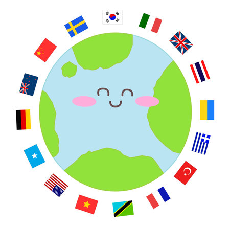 Kawaii cartoon face on the world map. Vector illustration.のイラスト素材