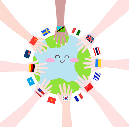 Human hands around the planet. Teamwork concept. Vector illustration.のイラスト素材